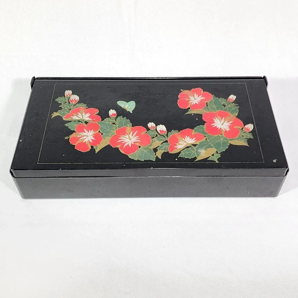 Vintage Hong Kong Travel Mirror Cosmetic Organizer‎ Jewelry Box Hibiscus Hawaii